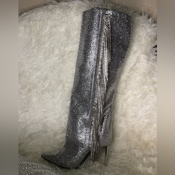 Steve Madden Silver Women's Boots Sanya Rhinestone Fringe Knee High Boot 6M NWOT - Picture 8 of 13